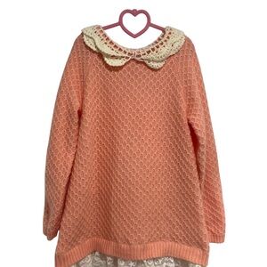3 for $12 Girl’s Peach Balabala Crochet Collar Lace Hem Knit Long Sleeve Sweater